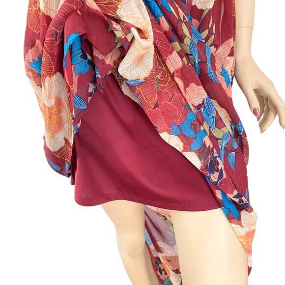 Y2K Fall Floral Maxi Dress S | Off Shoulder Burgundy Boho Cottagecore Prairie - Picture 4 of 9